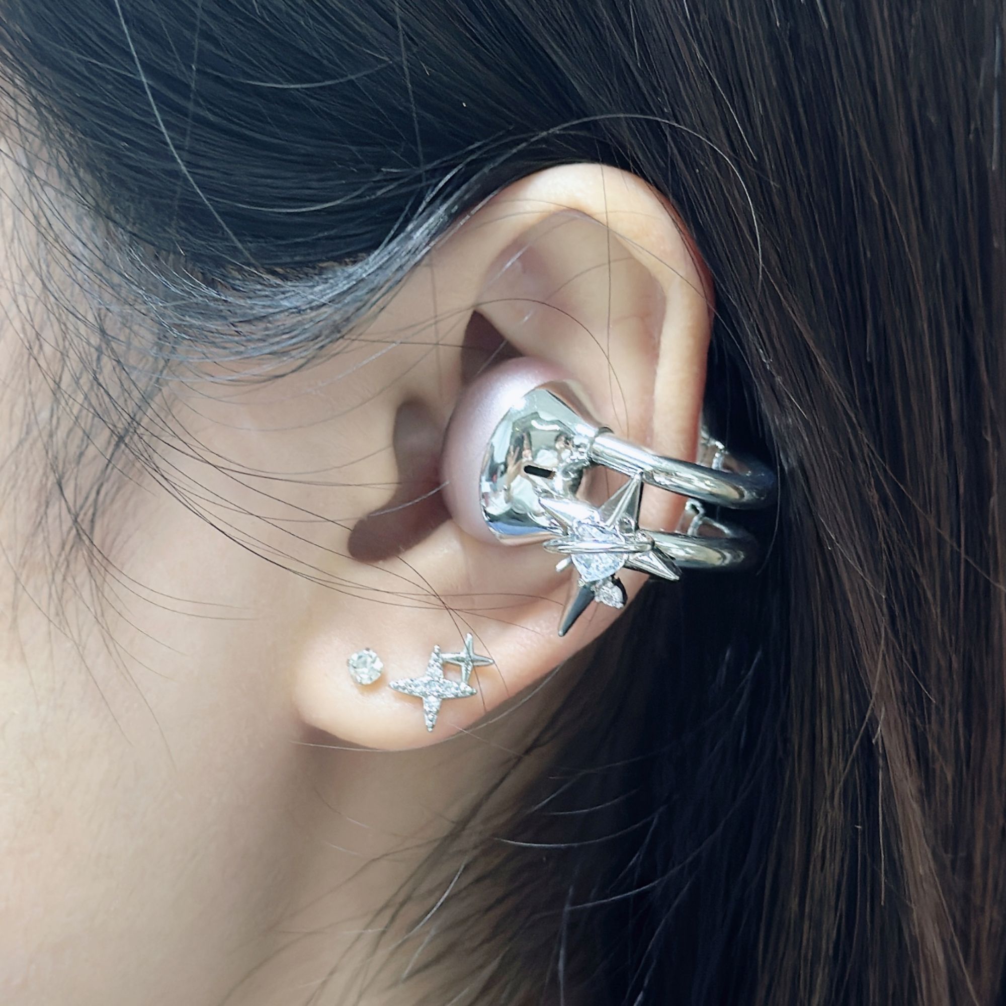C3银色星月镶钻钻扣耳饰