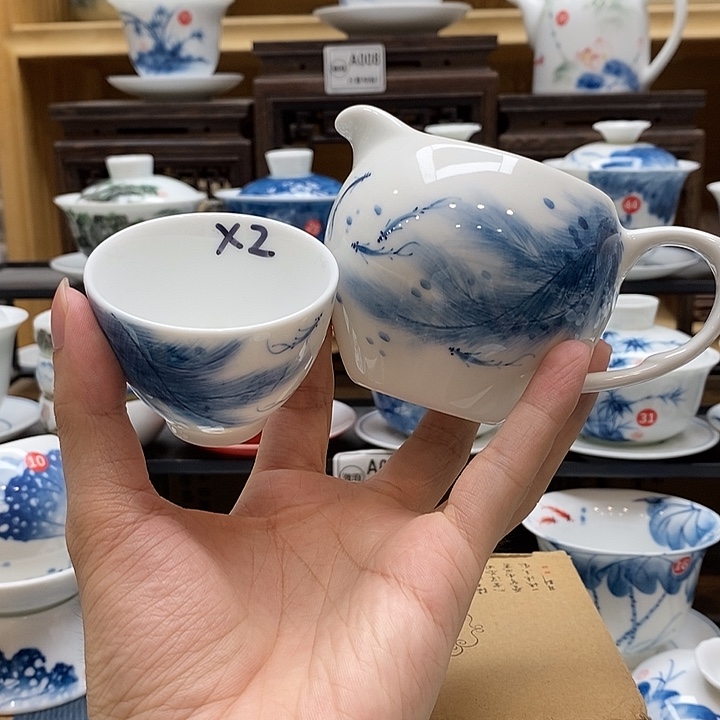 手绘孔雀翎公道杯160cc➕两个主人杯60cc釉下彩微瑕福利款