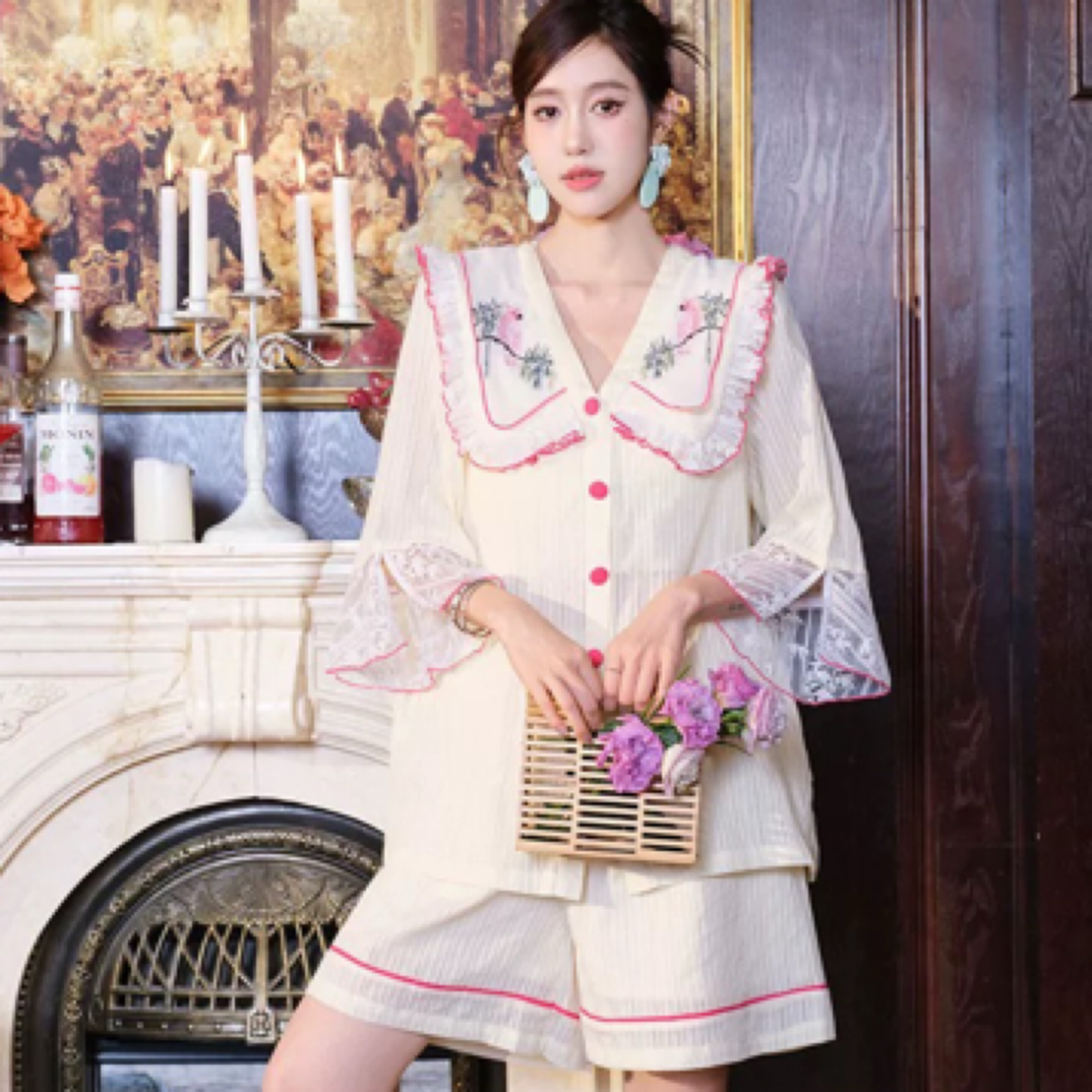 原创吸汗透气棉睡衣两件套蕾丝刺绣柔软宽松家居服胸垫套装可外穿