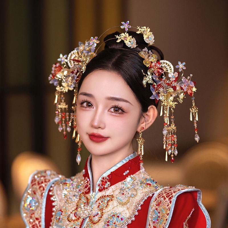 GZ380秀禾头饰高级2025新款新娘头饰结婚秀禾服凤冠流苏高级金红