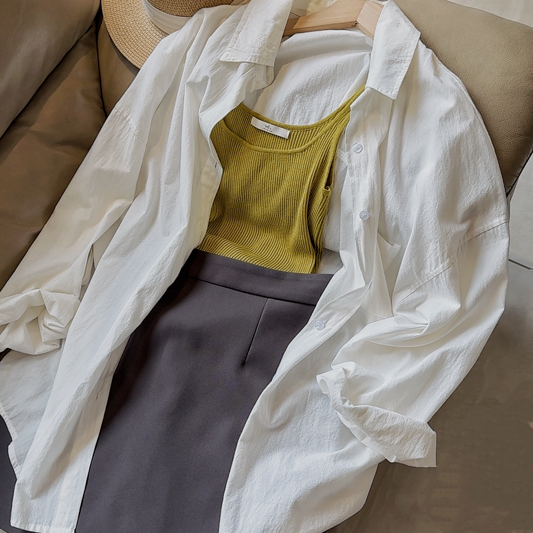 新款韩系水洗纯棉时尚百搭衬衣慵懒风大版衬衫中长款衬衫女外套