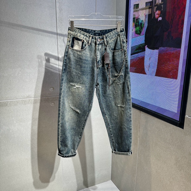 高品质秋冬季美式复古破洞水洗做旧牛仔裤潮流小脚锥形裤5012