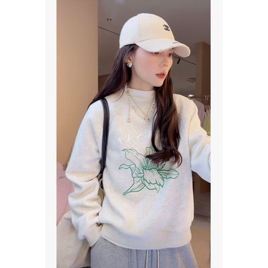 冬日百合高领新款加绒加厚高领百搭印花休闲套头印花套头卫衣