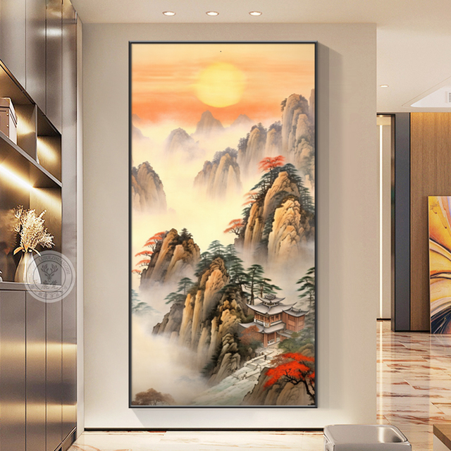 致韬鸿运当头山水画入户玄关挂画中式旭日东升装饰画走廊过道大气