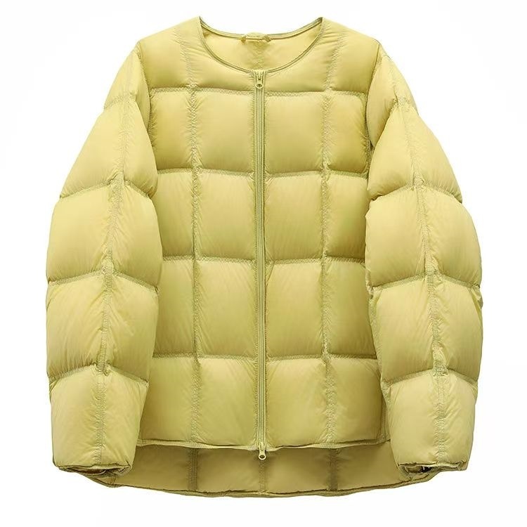 【小黄鸭】韩版宽松圆领双拉链立领方格羽绒服