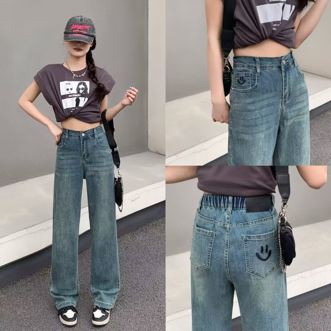 大码胖mm时尚高腰阔腿牛仔裤女秋季窄版宽松显瘦垂感直筒裤4001