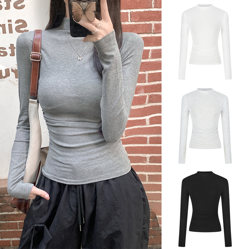 Moses Queen/魔西女王掐腰显胸长袖打底衫半高领秋冬抽褶修身上衣
