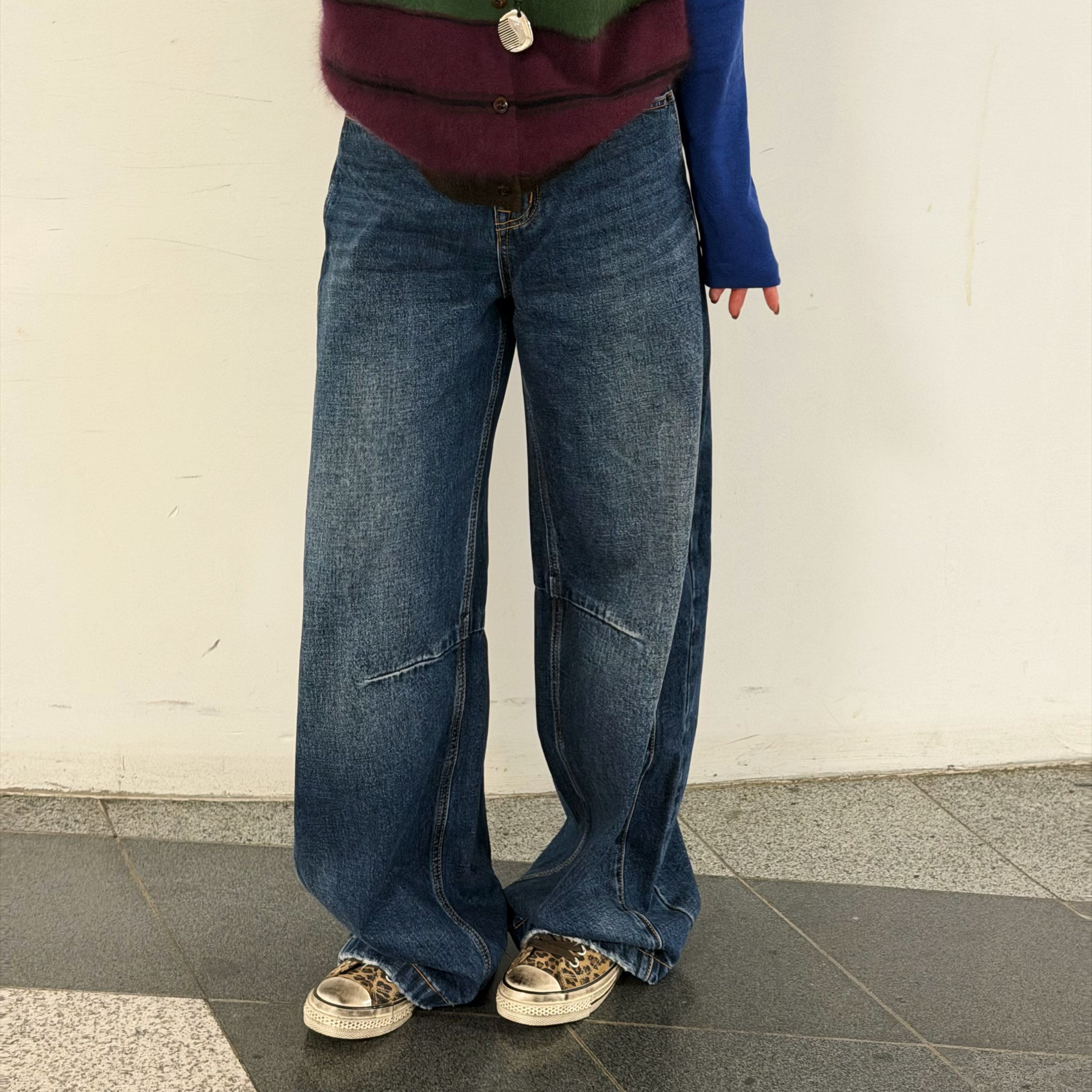 小个子加绒牛仔裤美式复古镰刀阔腿裤休闲宽松香蕉裤冬