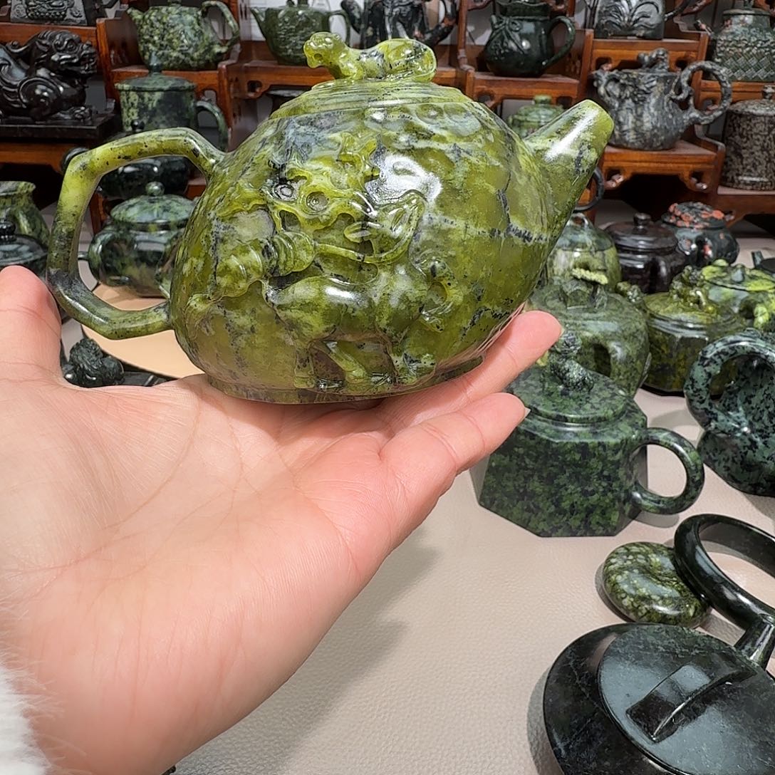 无***子蛇纹石玉未镶嵌藏玉药王石精美茶壶