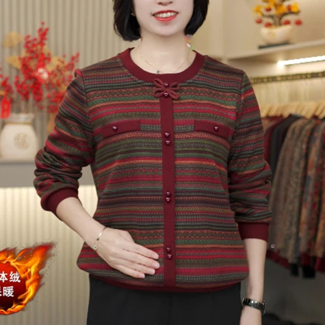 中老年女装妈妈冬季碎花加绒保暖上衣妈妈装加厚打底衫毛衣女