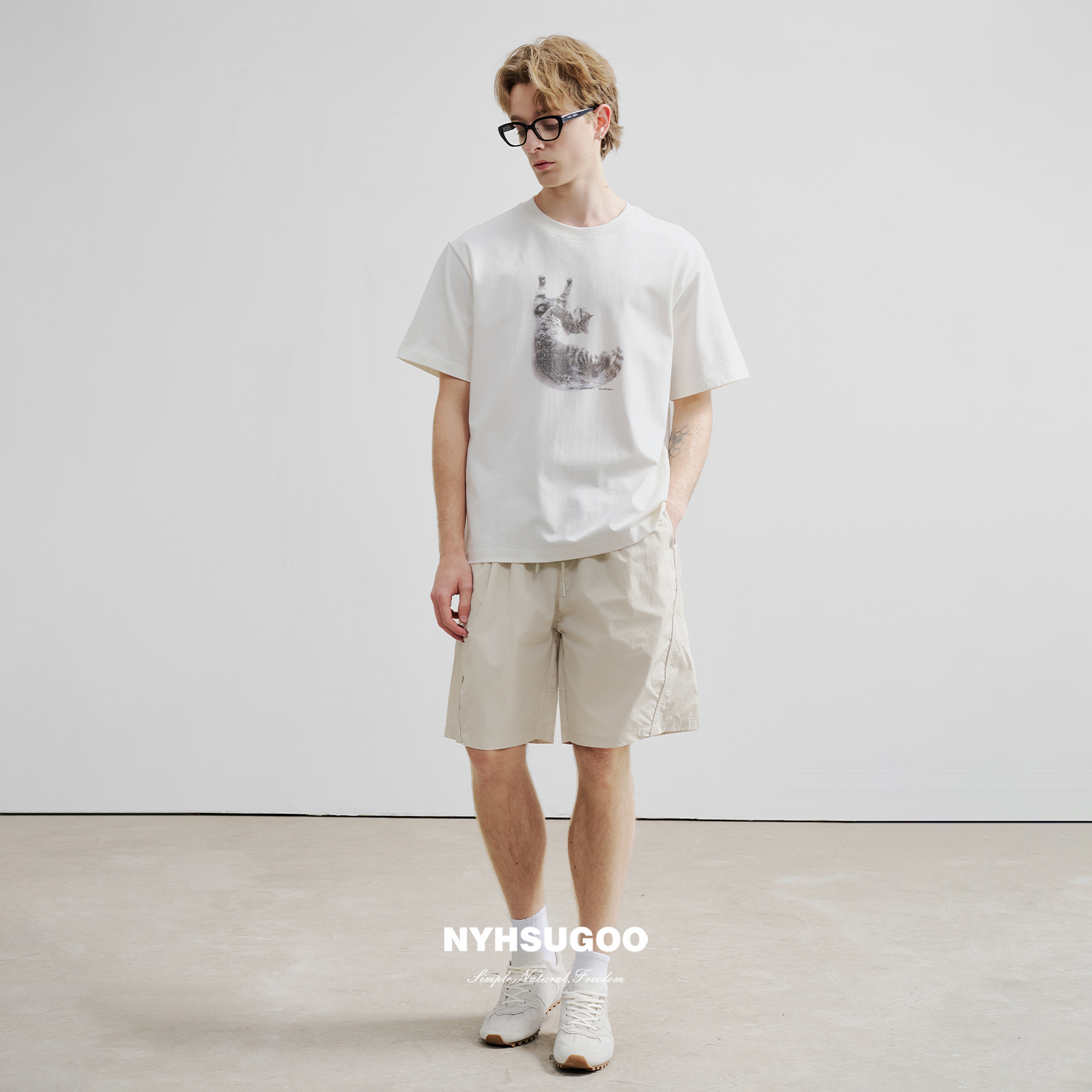 NYHSUGOO/南乙3549夏季男士重磅猫咪印花圆领上衣情侣美式短袖T恤