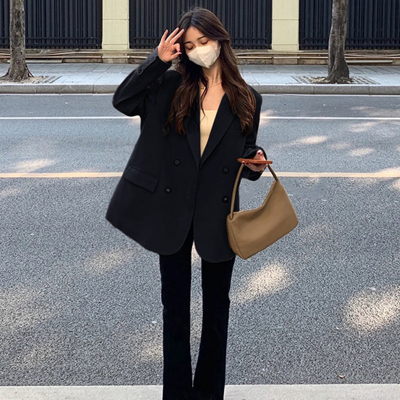 奶白色双排扣西装外套女春秋韩系设计感小众休闲百搭oversize西服