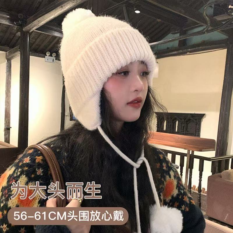 混色毛球辫子毛线帽女秋冬时尚保暖护耳帽子雷锋帽韩版时尚针织帽