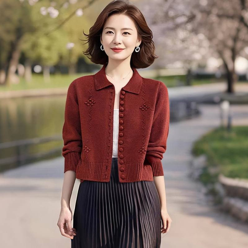 安可拉红洋气时尚高腰短款上衣气质百搭翻领长袖针织开衫毛衣外套