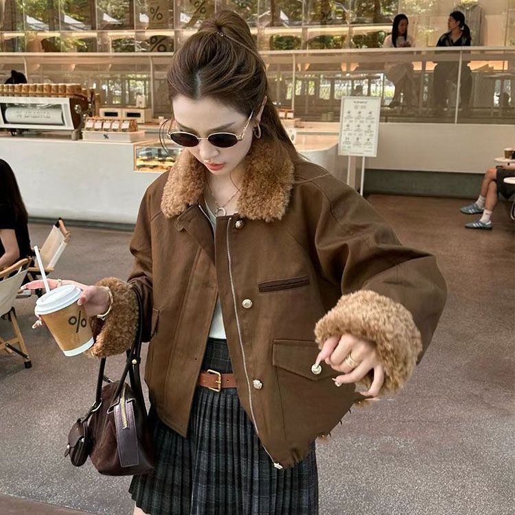 羊羔毛拼接加棉外套女赵露思同款2025年冬新款韩版百搭显瘦夹克
