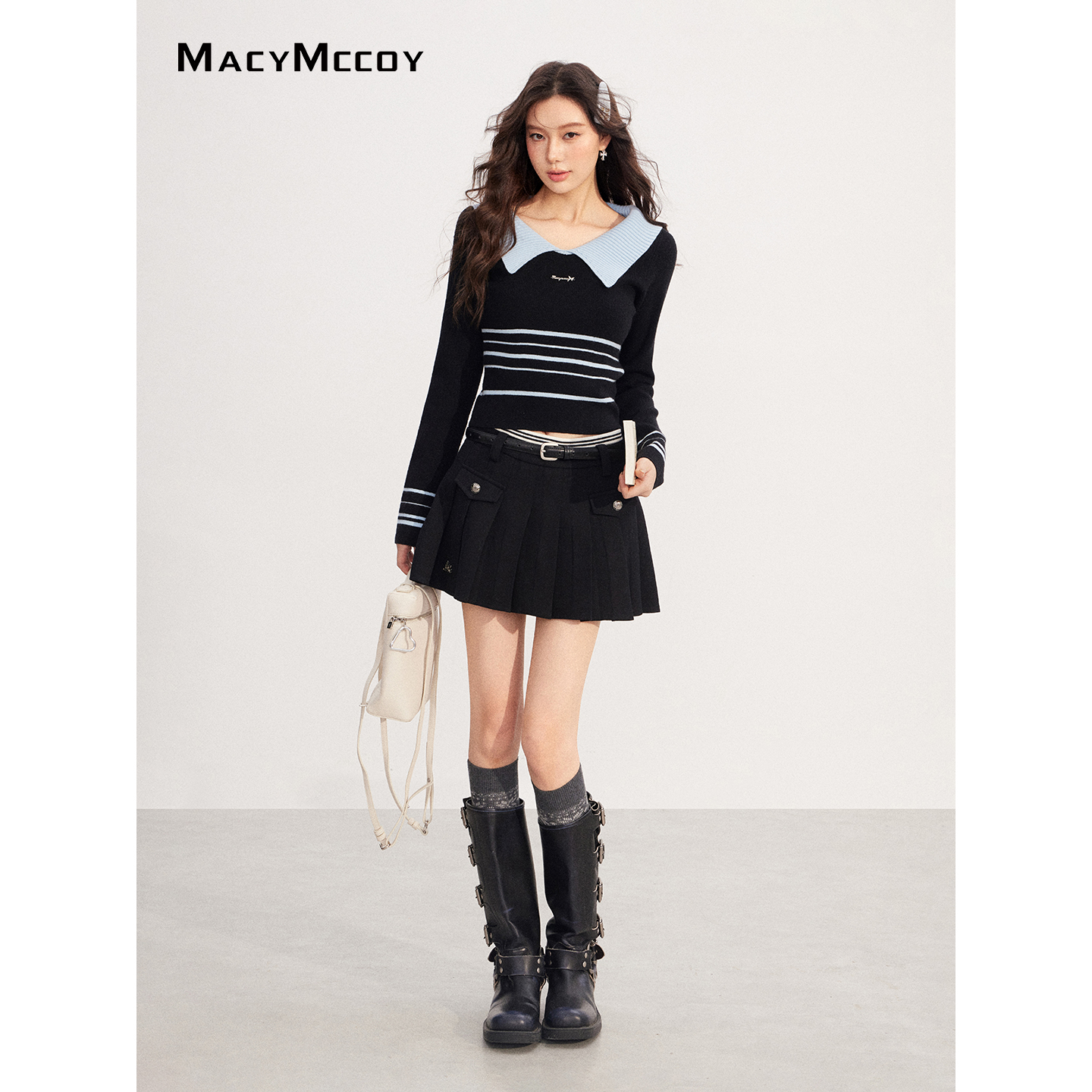 【毛毛专属】MacyMccoy撞色翻领针织上衣女冬季感高弹力条纹polo衫