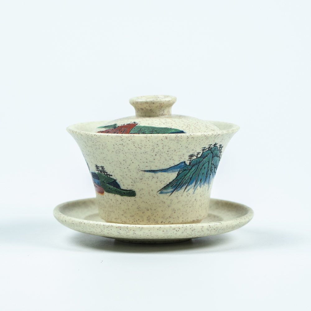 宜兴紫砂原矿白段泥彩刻山水三才盖碗160CC茶具纯手工功夫泡茶杯