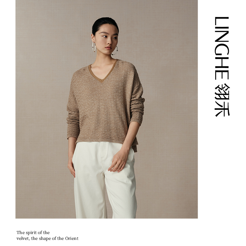 翎禾LINGHE-「云端晓」秋冬绵羊毛亚麻长袖V领宽松上衣针织套头衫