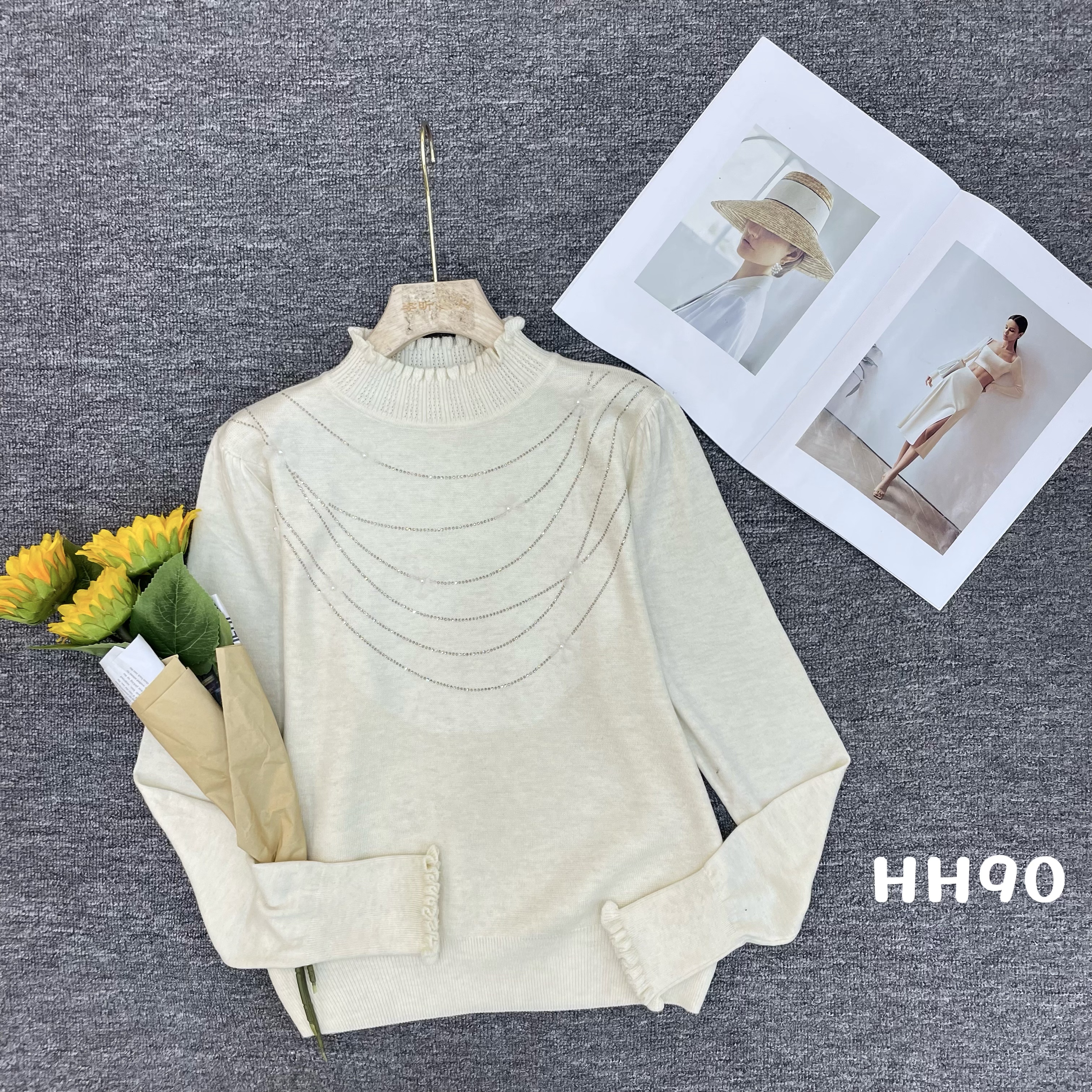 【苗姐优选】设计图案花边领针织打底衫90