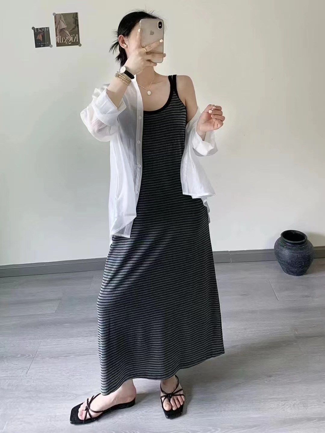 ［姑妈］早秋法式条纹修身吊带长裙连衣裙裙子
