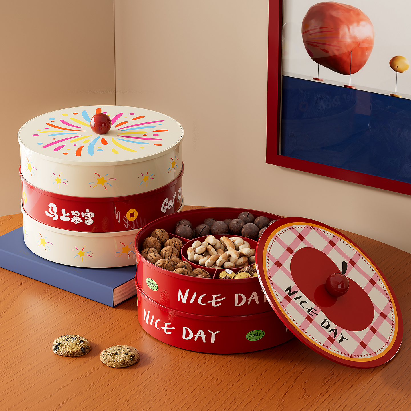 橱明星烟花果盘家用多层带盖干果盒糖果盒乔迁喜事分格干果盘加厚