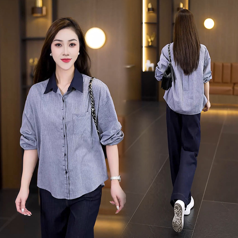 纯棉条纹隐藏式门禁春秋款衬衫2025新款宽松显瘦洋气时尚长袖衬衣