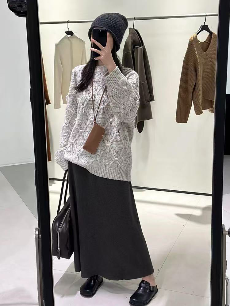 女纯色菱形纹加厚宽松慵懒针织套头毛衣8827