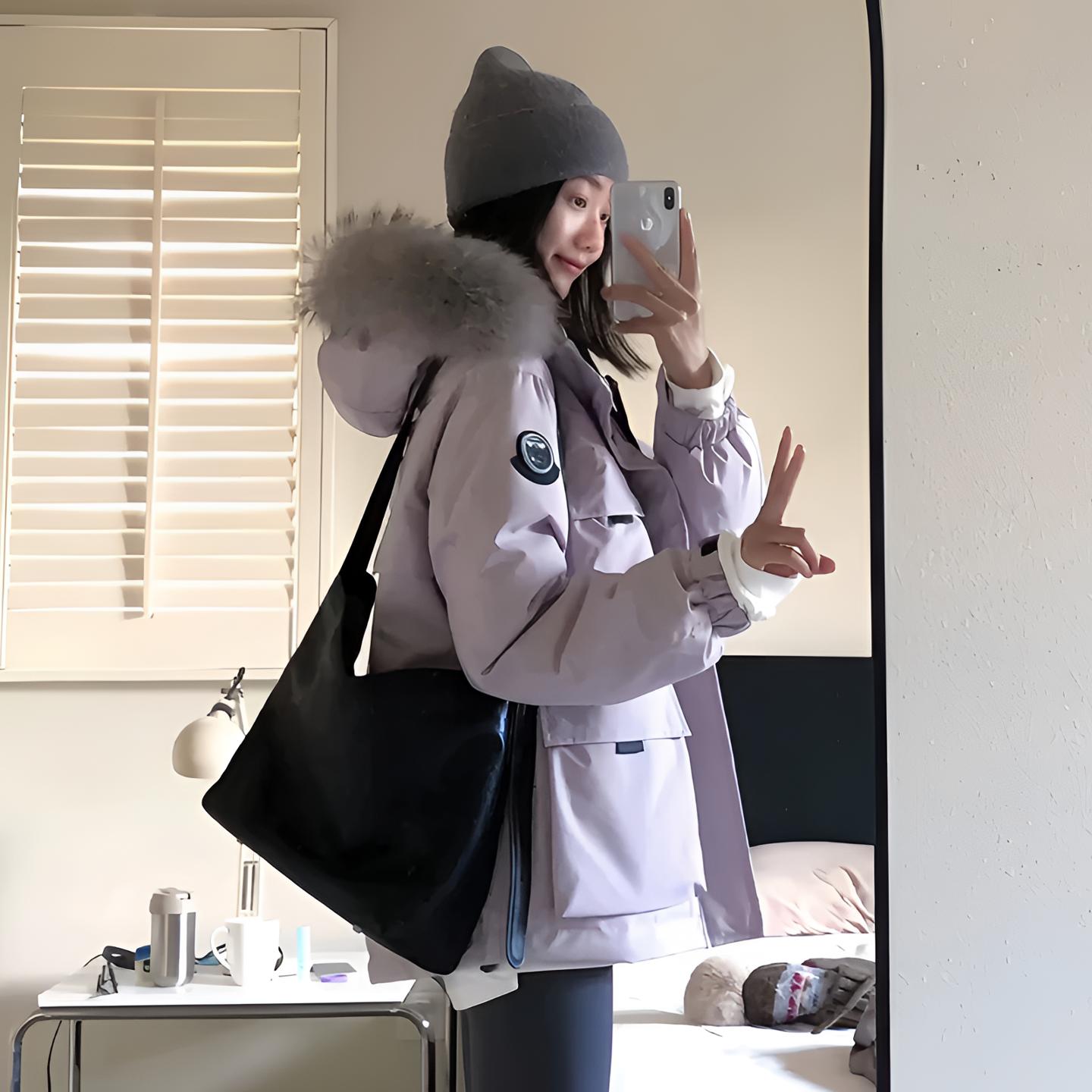 大毛领冰晶紫短款棉服女2025年冬季新款小个子工装派克服加厚外套