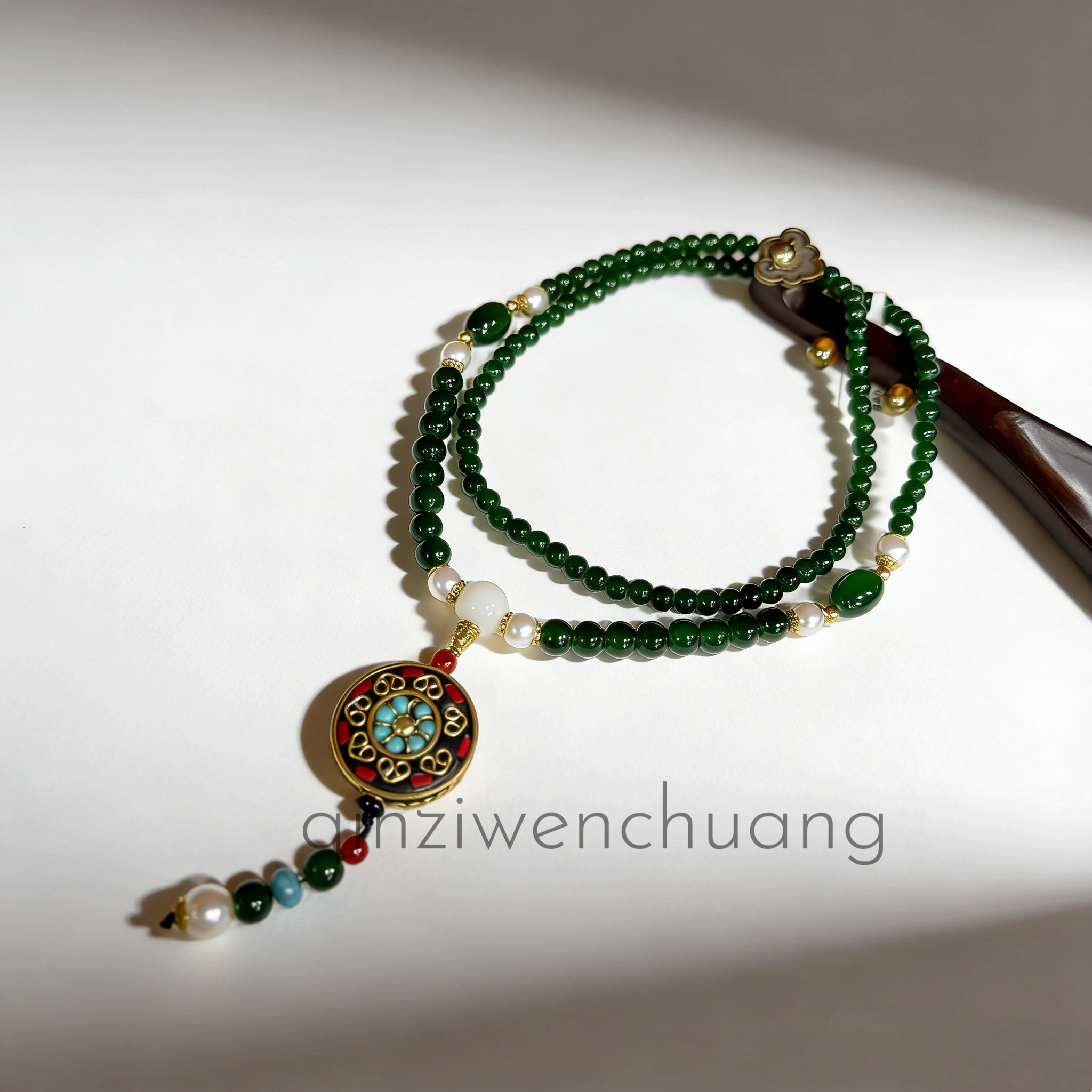 DG 1295-琉璃-尼泊尔蓝牌绿珠项链毛衣链（无礼盒）