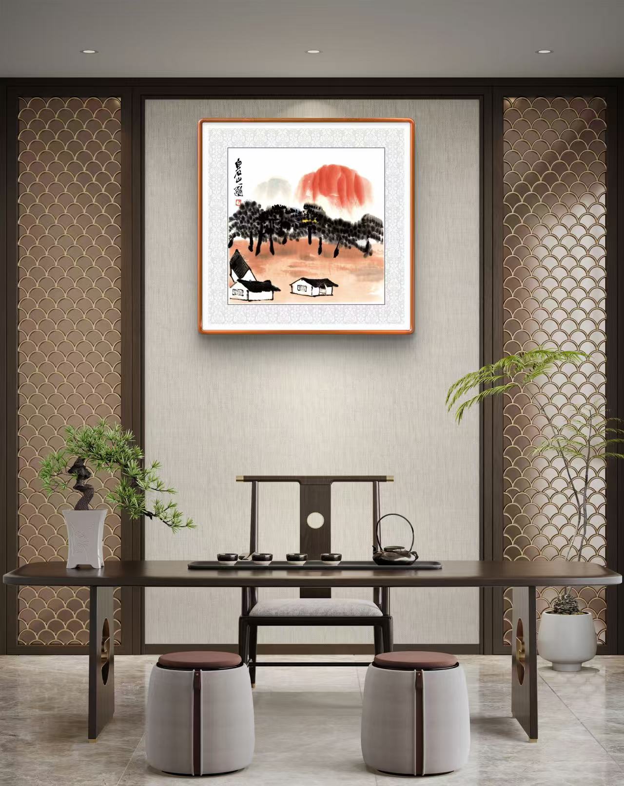 《山居图》53X53实木榫卯画框高端客厅卧室玄关办公室装饰画挂画