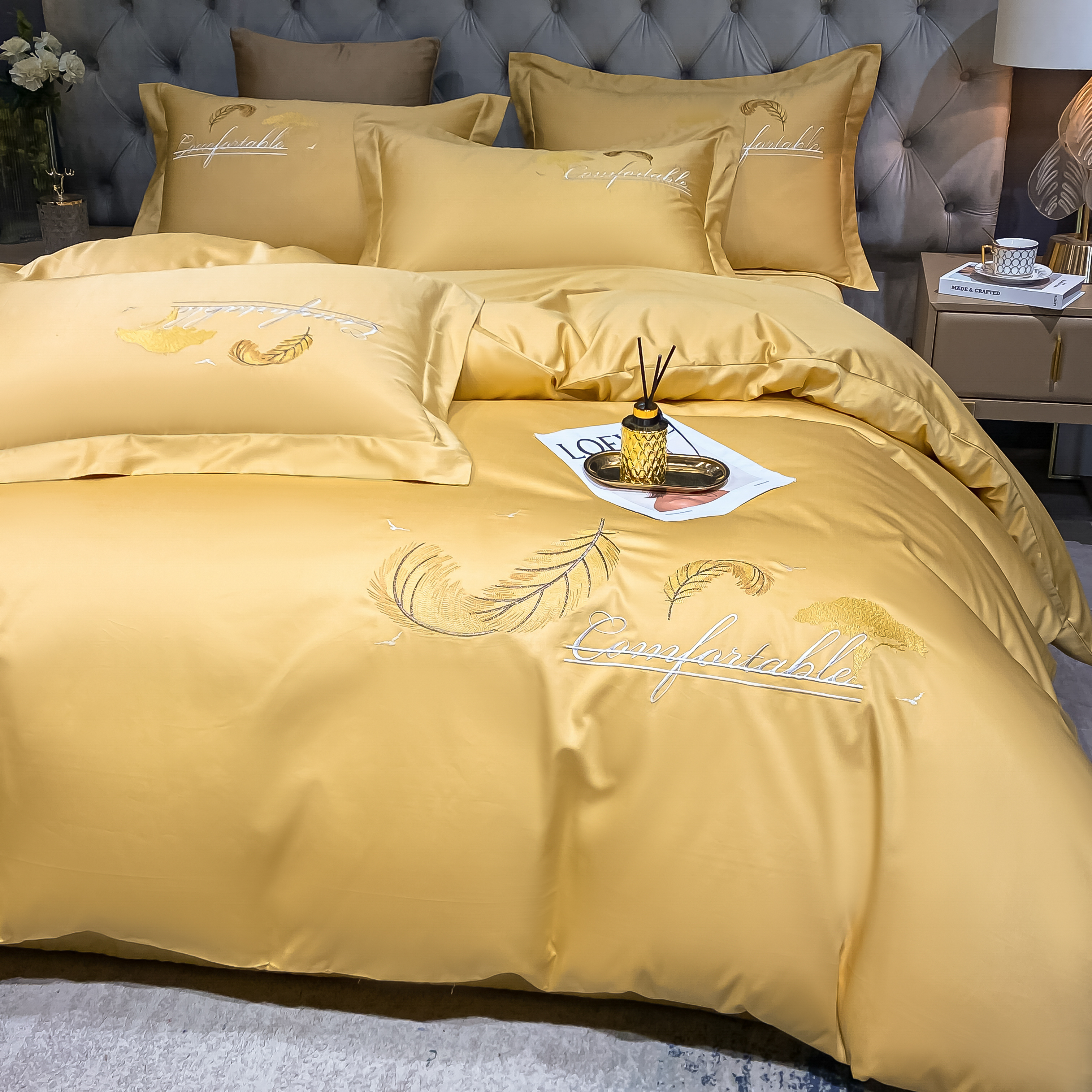 二姐推荐【水洗棉磨毛绣花款-羽爱 】轻奢绣花款时尚四件套