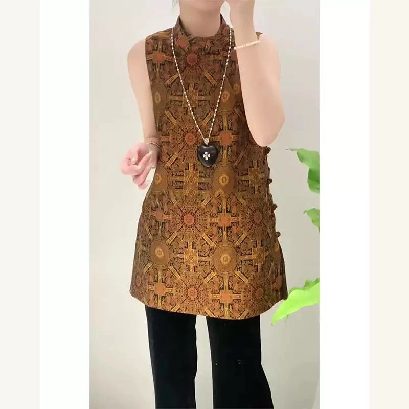 轻奢新中式复古印花无袖中长款马甲裙女春季新款斜襟盘扣马夹上衣