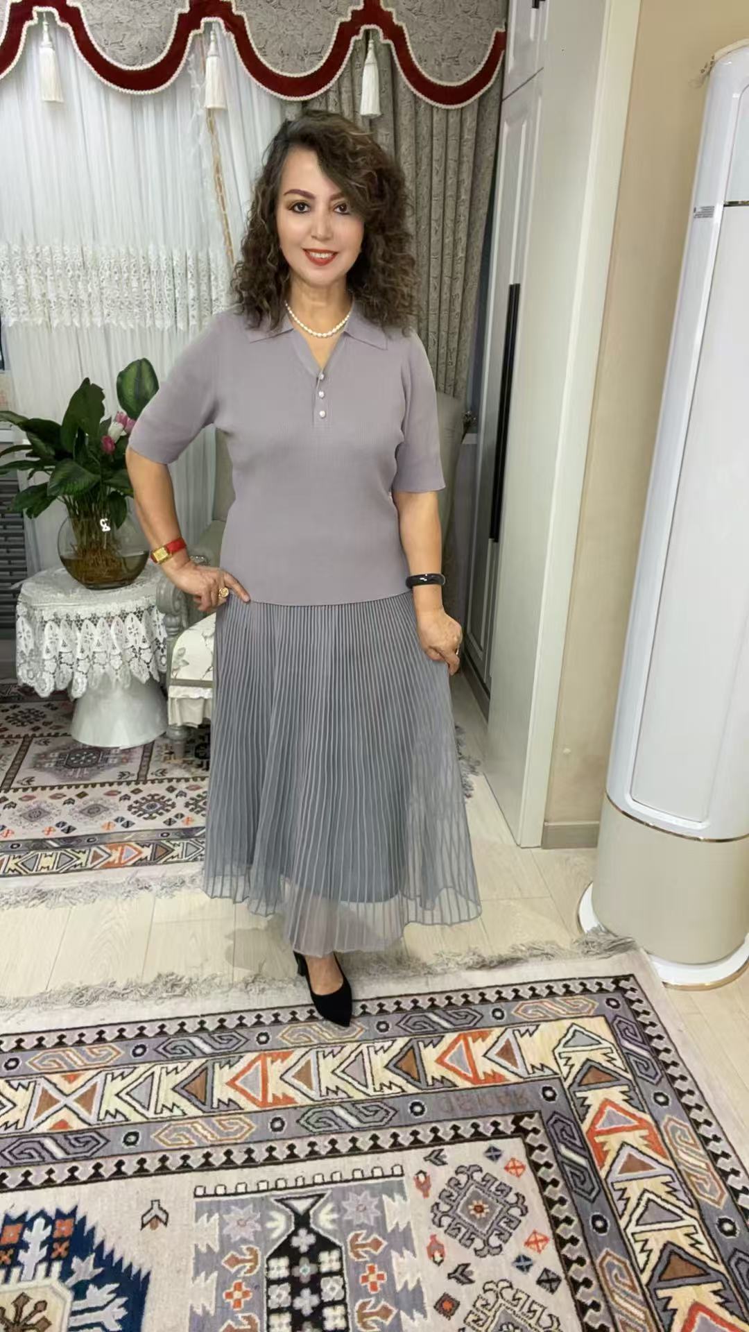 美丽妈妈灰色修身显瘦网纱连衣裙7-1