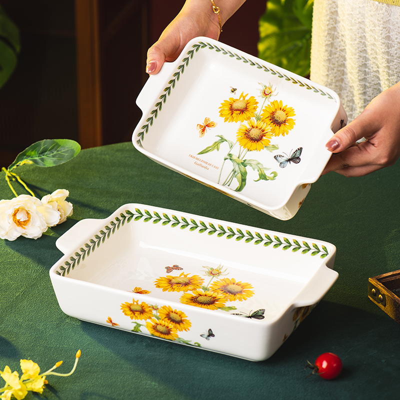 英花釉下彩双耳盘子家用菜盘陶瓷新款餐具长方形烤盘深盘餐盘