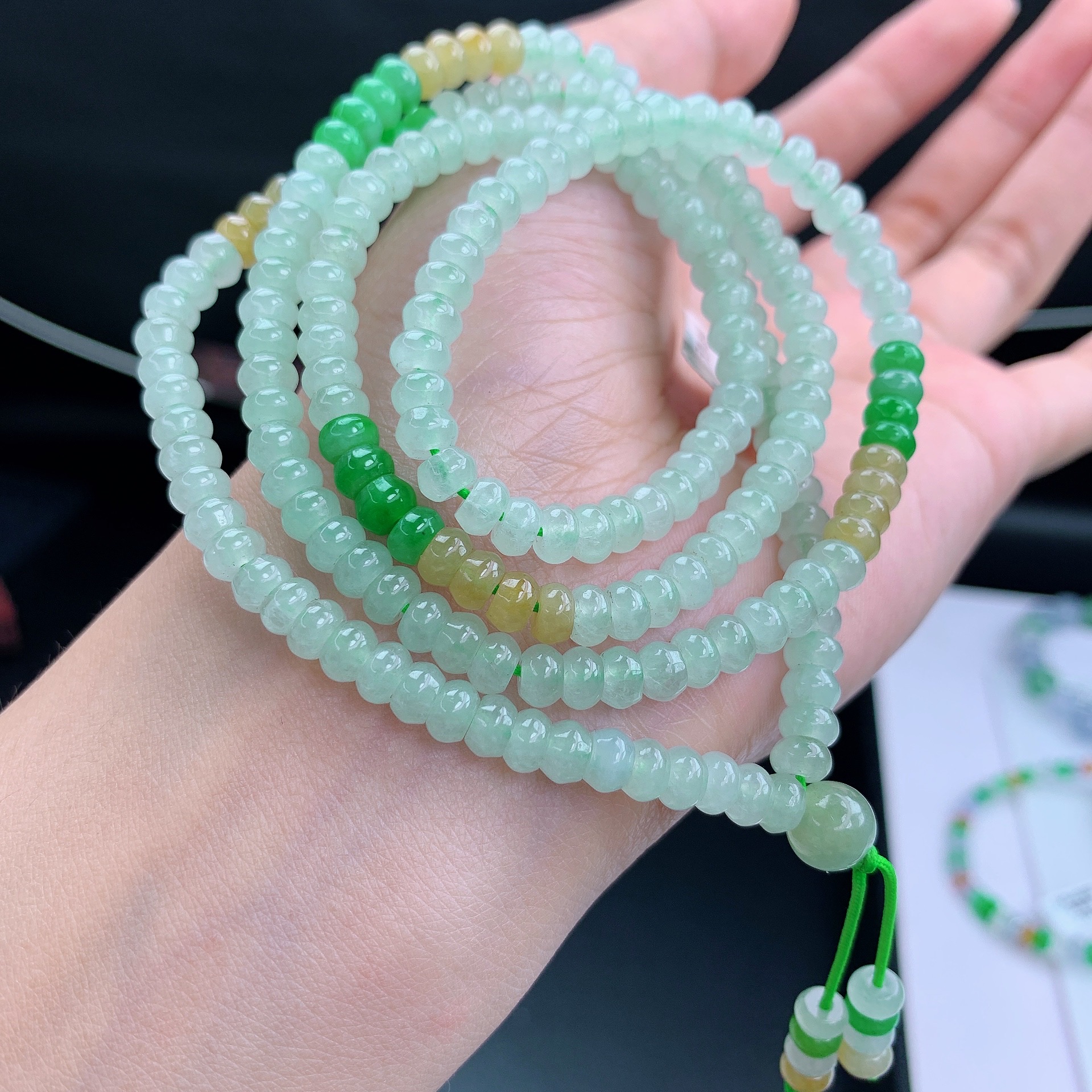 天然缅甸翡翠项链T卡5晴绿色算盘珠项链长链长串