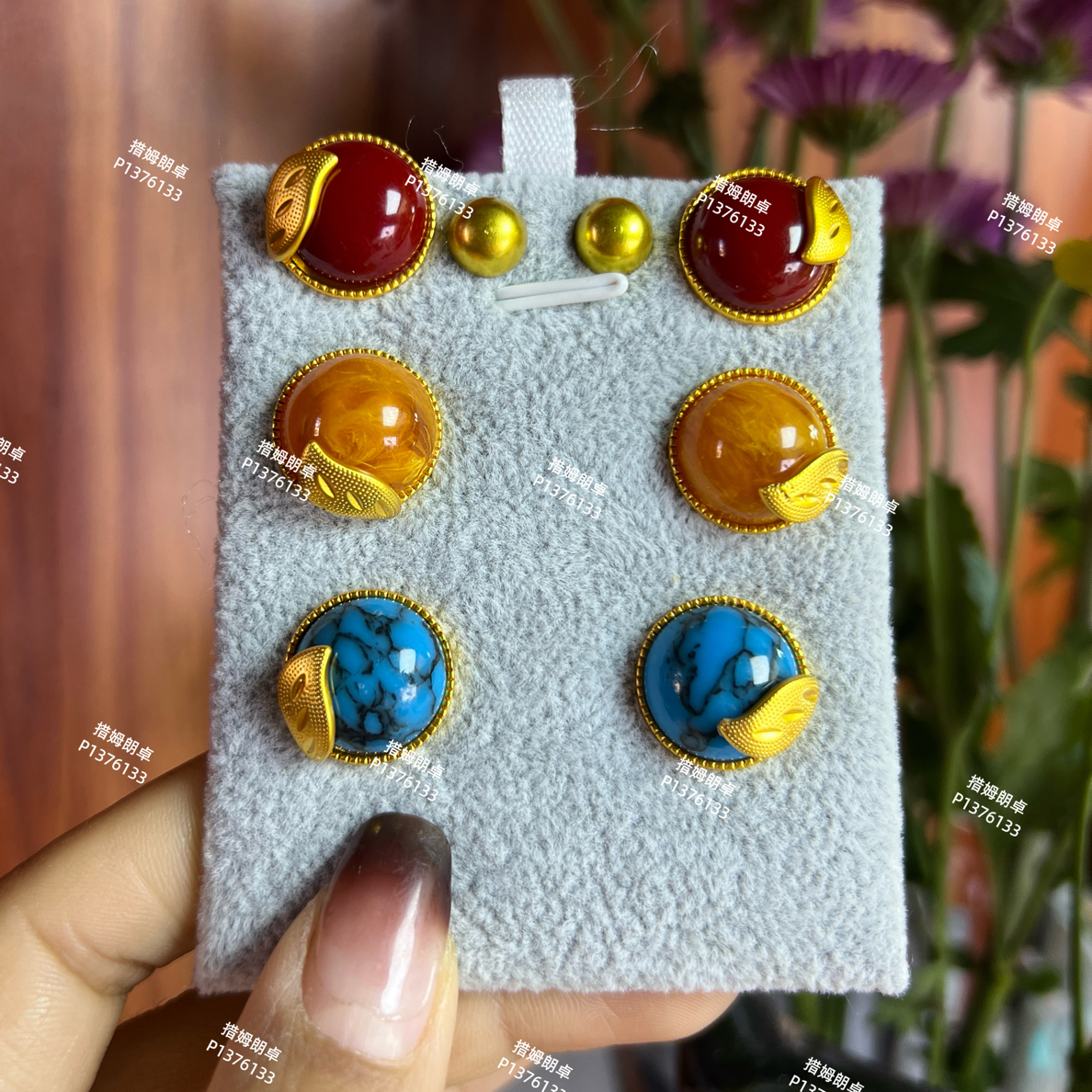 铜合金大理石项链 新款铜合金耳钉戒指四件套