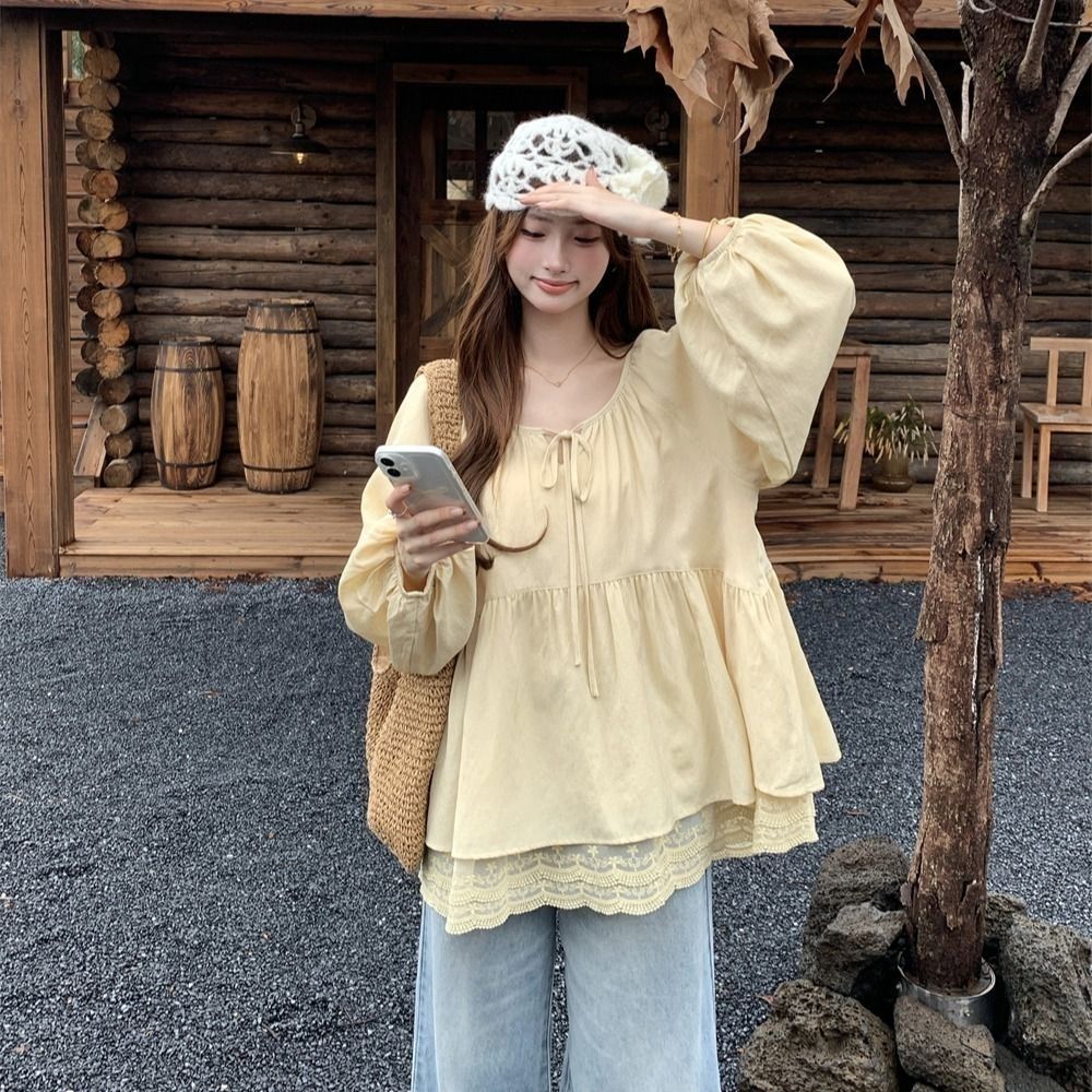 【优质款】孕妇装法式绑带圆领蕾丝花边宽松长袖娃娃衫春秋显瘦上衣