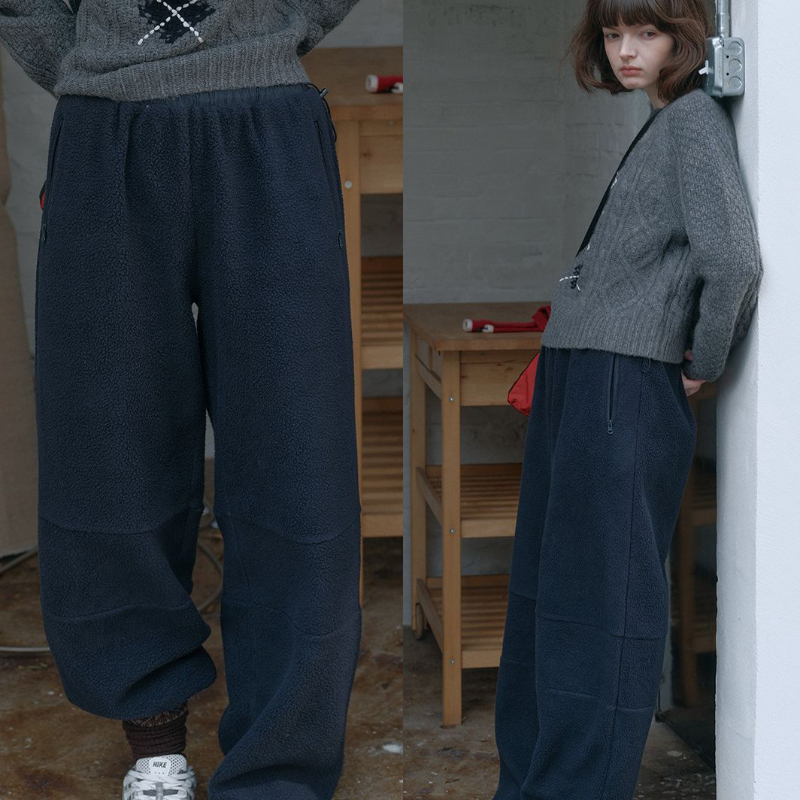 unique point摇粒绒简约休闲裤女冬季新款时尚设计感宽松高腰裤子