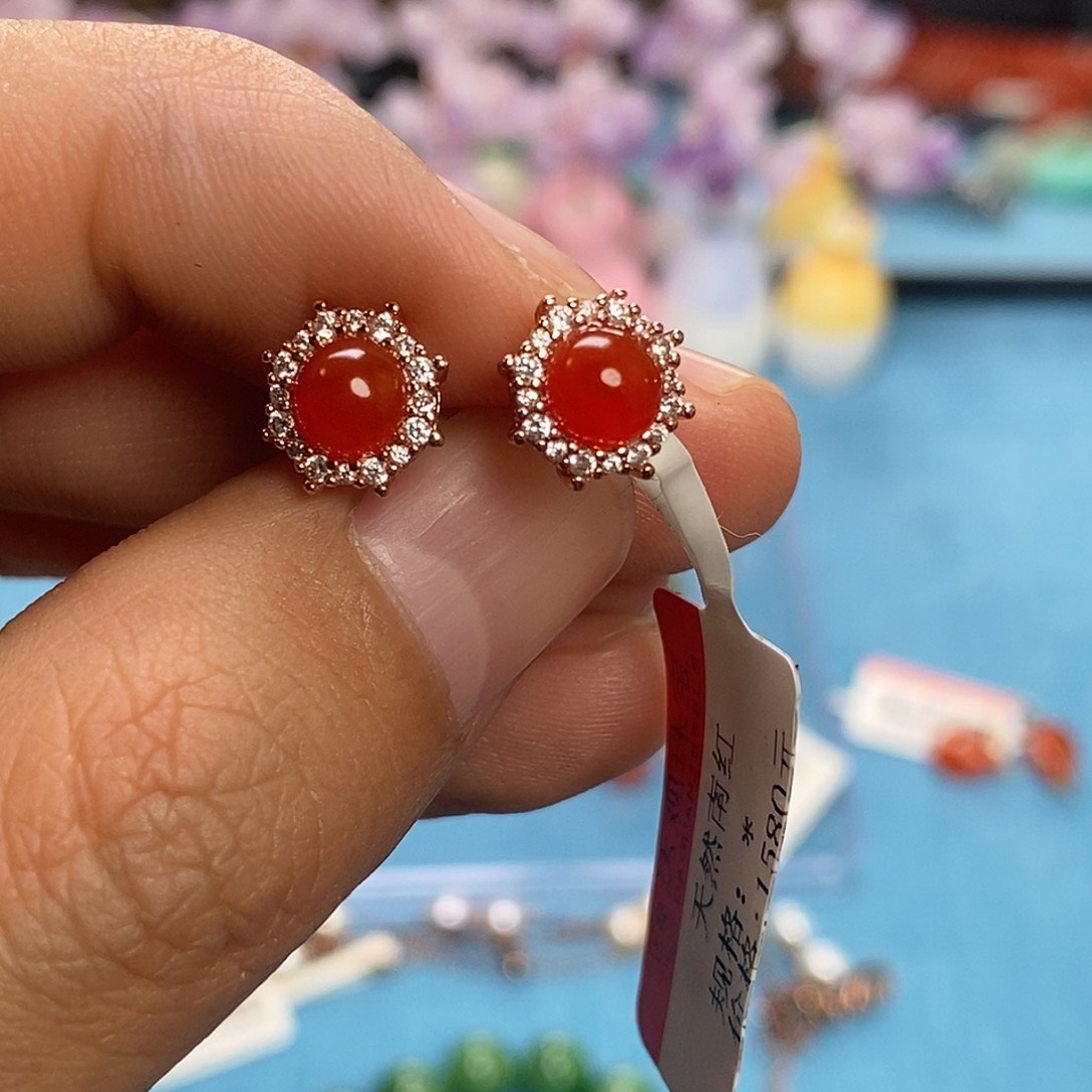 南红玛瑙耳饰银S925镀金镶嵌