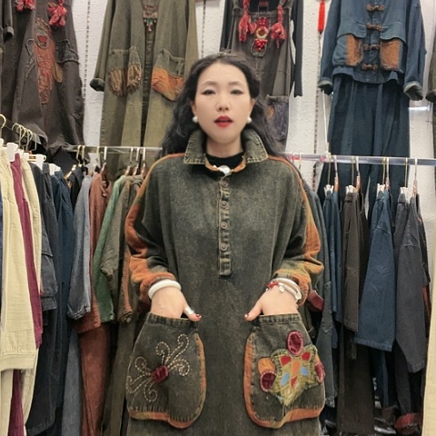 刺绣招财猫牛仔如意衬衫裙