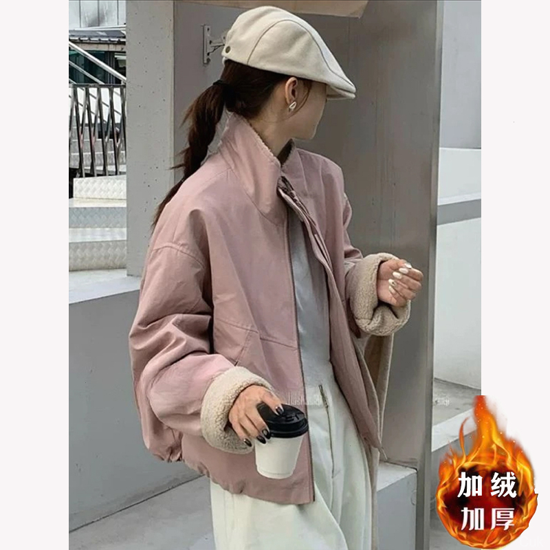 冬款百搭仿羊羔毛短款派克服女韩系休闲宽松小个子棉服外套 