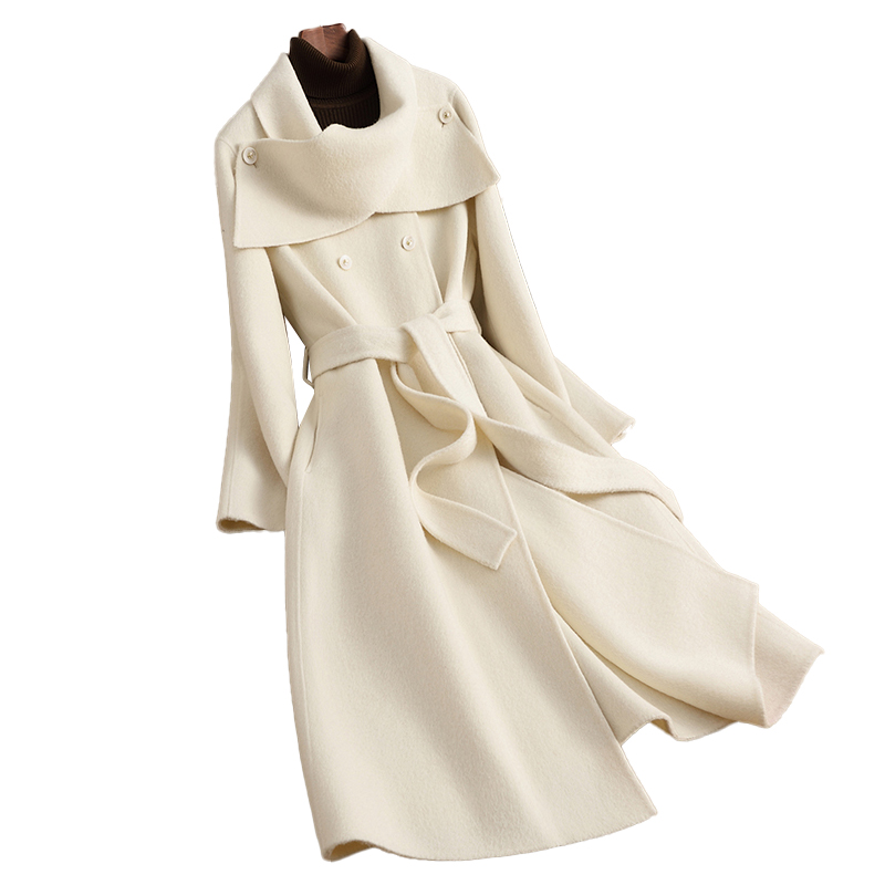 蓝海奕诺中长款显瘦千金白色女宽松型气质2025秋冬长款毛呢外套