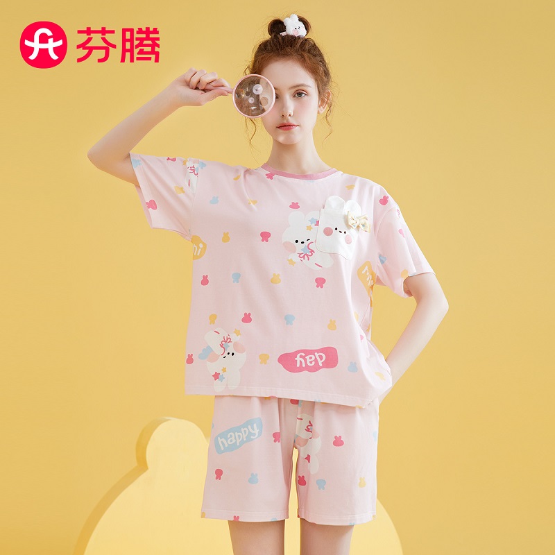 芬腾纯棉睡衣女夏季卡通甜美短袖套装FX2590239