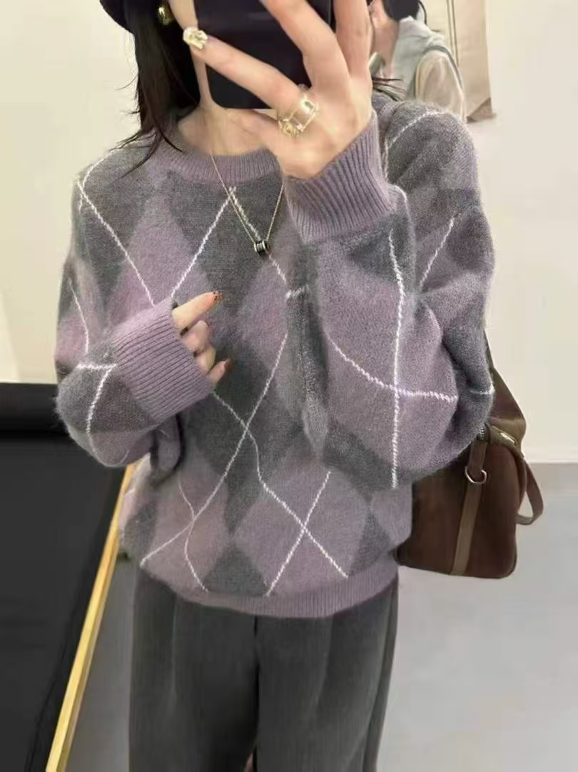 瑾裳集 圣诞快乐针织毛衣水洗纯色宽松型圆领衫高领菱格常规款