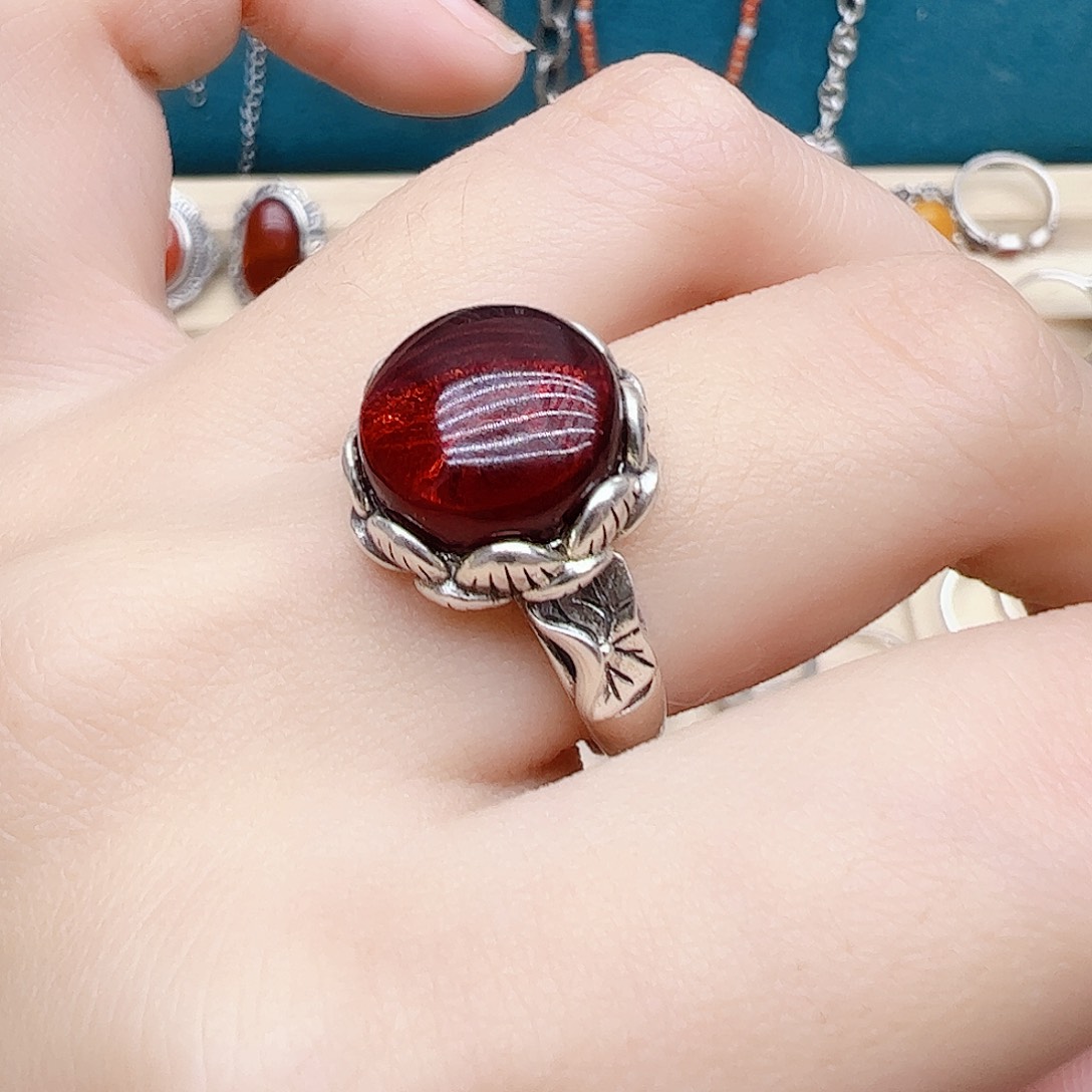 血珀戒指银S925镶嵌天然