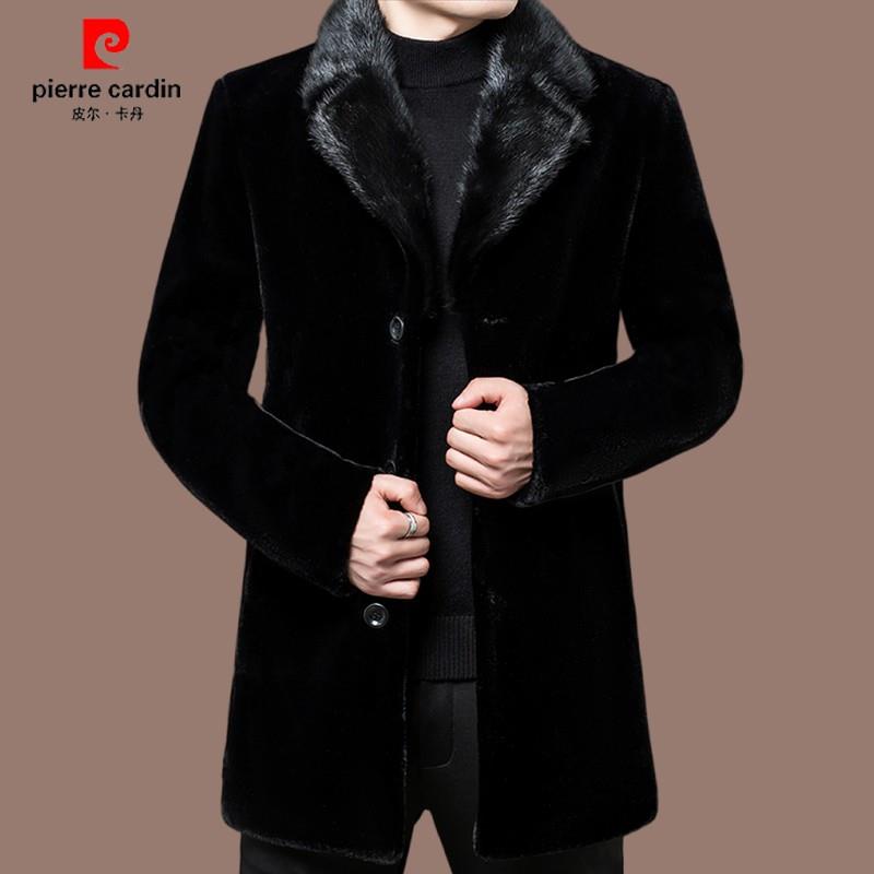 正品皮尔卡丹国际品牌高档水貂领毛呢大衣冬季保暖抗寒中长款男装
