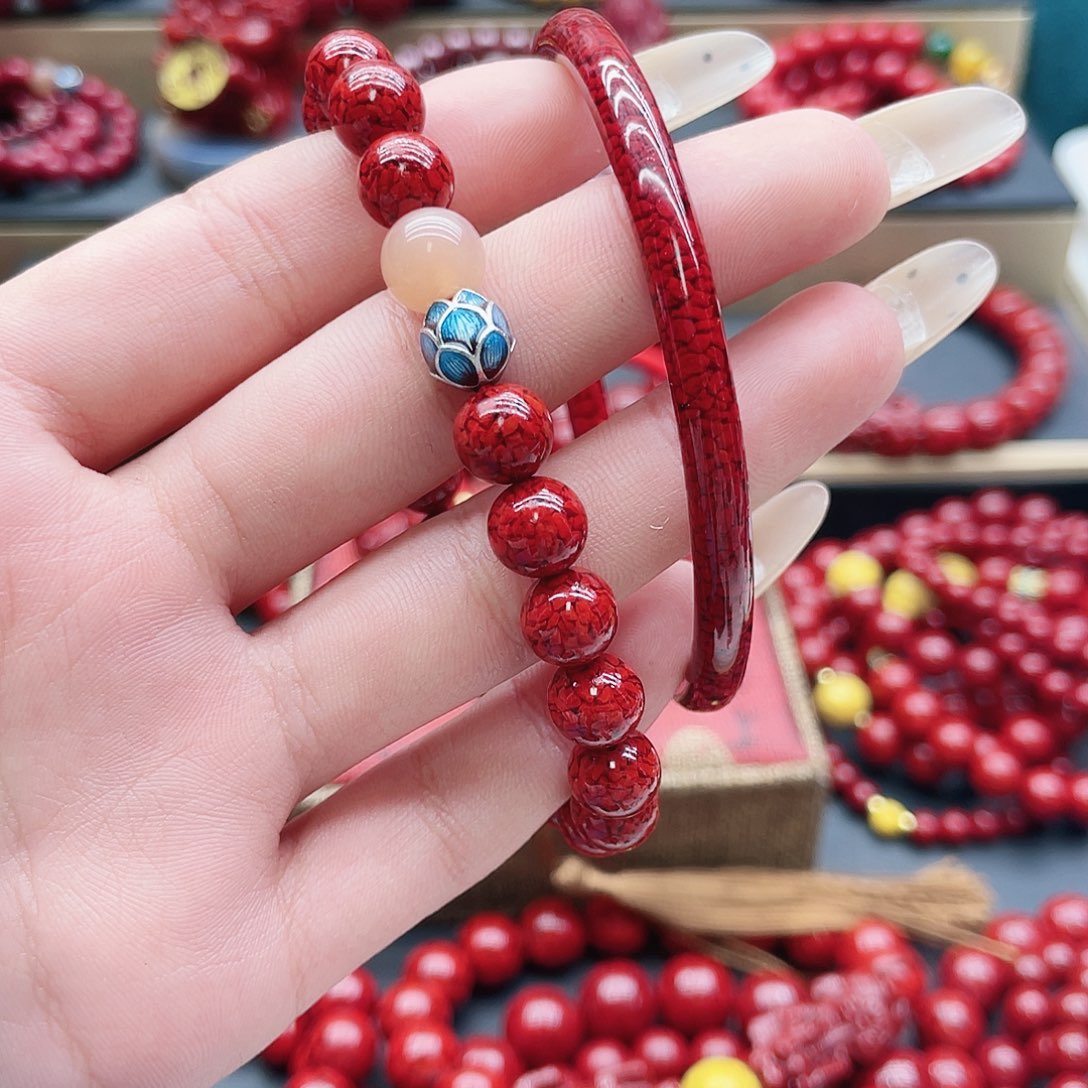 天然辰砂晶体砂手镯58加莲花8毫米