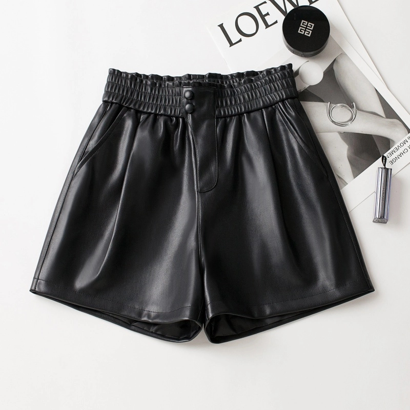海宁真皮皮裤女2025春季新款松紧高腰阔腿短裤绵羊皮百搭外穿靴裤