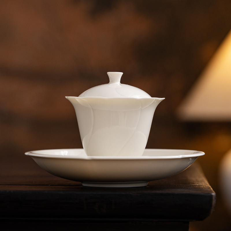 定窑白花口高足盖碗陶瓷中式简约品茗杯带壶承用泡茶碗防烫高档