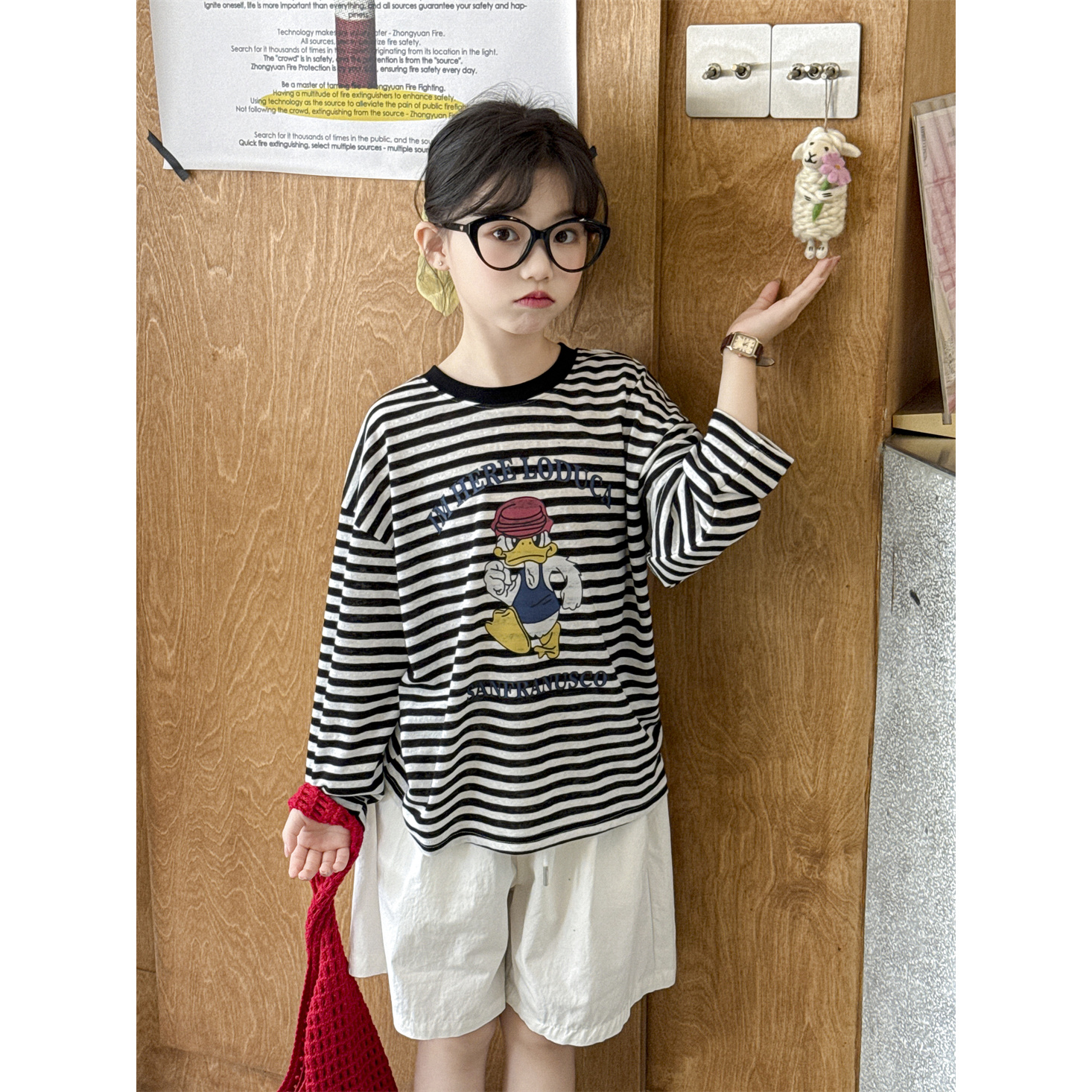 LJ-90855-TBBB女童T恤2025夏季新款韩版动漫唐老鸭印花休闲条纹